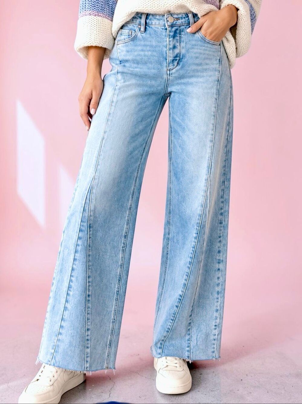 Jemina Denim High Rise Wide Leg Jeans Light Wash Front Seam Raw Hem